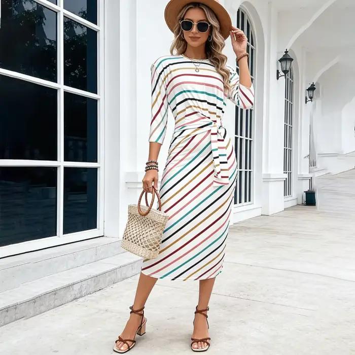 Nouvelle Robe Tunique Femme Américaine et Européenne 2026 - Imprimé Rayé Col Rond à Lacets Coupe Ample Flatteuse