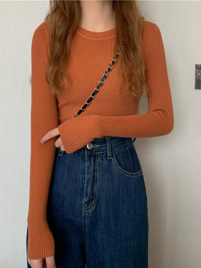 Pull pour femmes automne-hiver 2026, à manches longues, col rond, basique, tendance, élastique, en tricot uni.