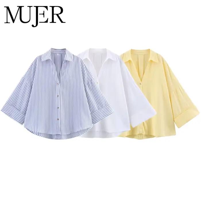 Chemise MUJER décontractée en polyester rayé pour femmes, ample, décontractée, col rabattu, polyester, ajustement lâche, boutons simples, pour plage et événements estivaux