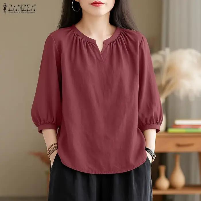 ZANZEA mode femmes 3/4 manches Blouse automne col en V Chemise solide printemps bureau Blouses décontracté hauts amples