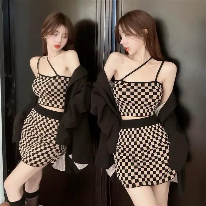 Ensemble sexy plaid gainant court pour femmes, camisole et jupe mini pour les occasions estivales