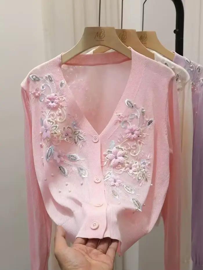 Cardigan féminin printemps été brodé perles viscosé pour femmes occasions spéciales high street