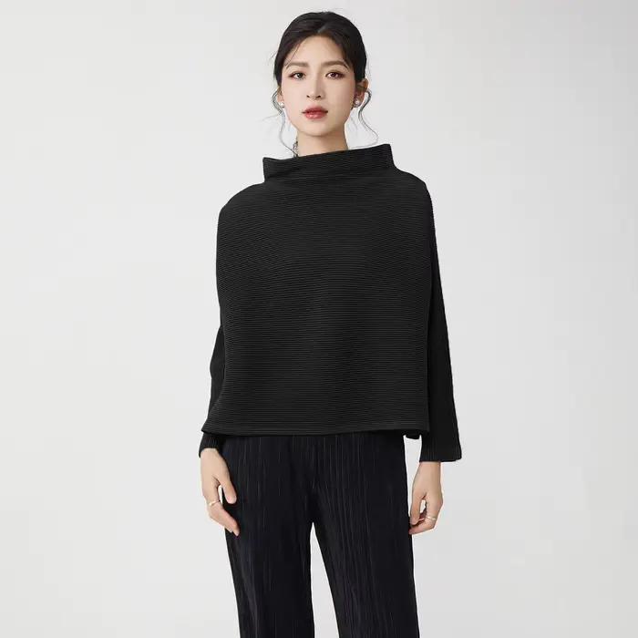 Miyake plissé couleur unie Blouse 2025 printemps nouveau col mi-haut ample grande taille mince à la mode T-shirt