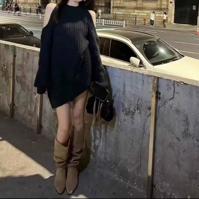 Pull ample en laine à épaules dénudées pour femme | Style paresseux