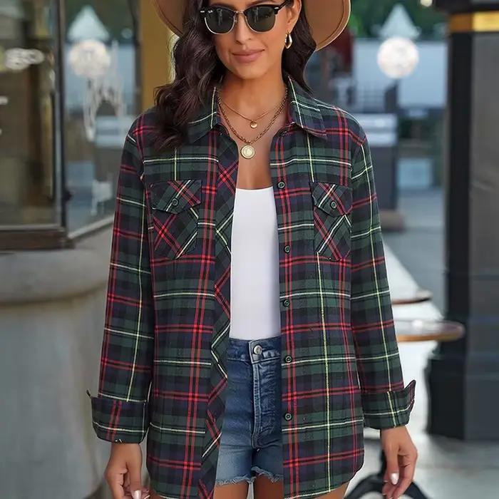 Chemise en flanelle à carreaux pour femmes