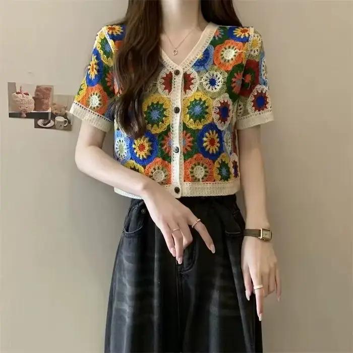 Haut boutonné au crochet transparent à manches courtes pour femmes, style bohème vintage Fairycore, occassions spéciales