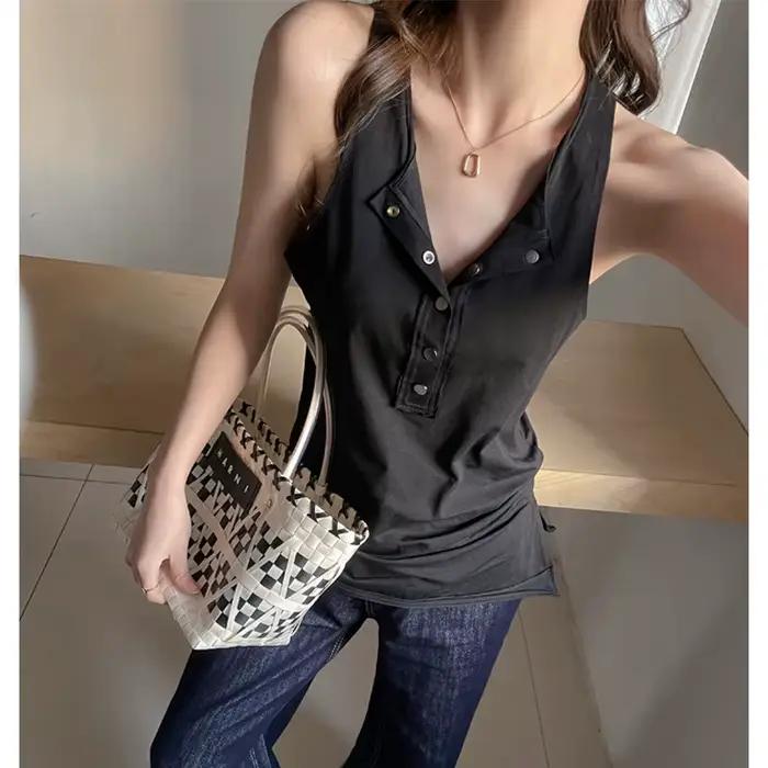Débardeur en coton à col Henley pour femme
