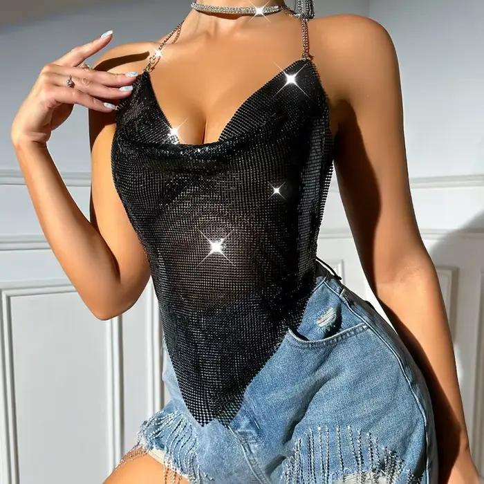 Débardeur dos nu scintillant pour femme avec chaîne métallique à sequins, tenue sexy pour été, plage, clubs et soirées