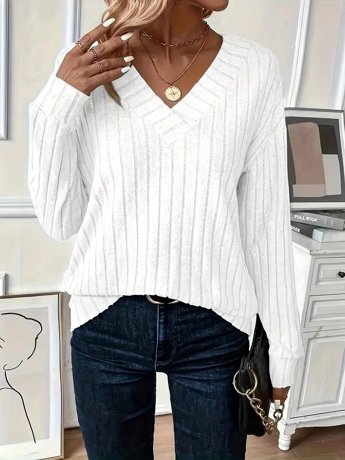 Pull en tricot côtelé à col en V grande taille pour femme en tissu doux et chaud pour look décontracté et chic occasions spéciales
