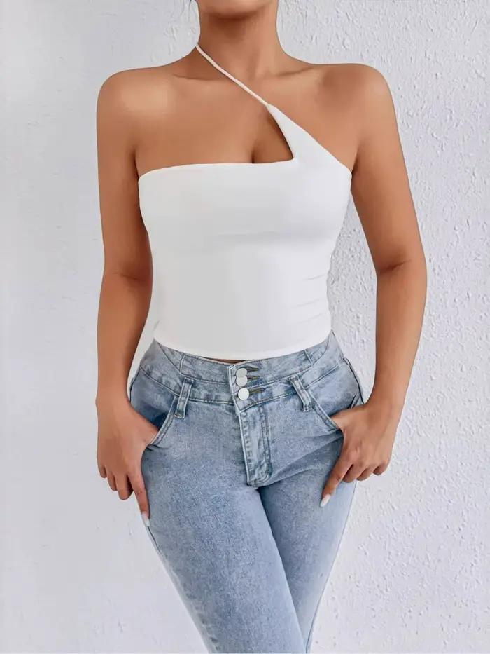 Haut court asymétrique blanc à une épaule pour femme