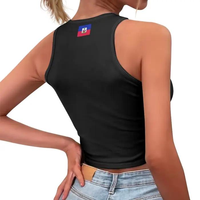 Débardeur court AST avec logo du drapeau d'Haïti pour adolescentes, t-shirt sportif et de loisirs en polyester pour femmes avec ajustement taille plus petit que d'habitude