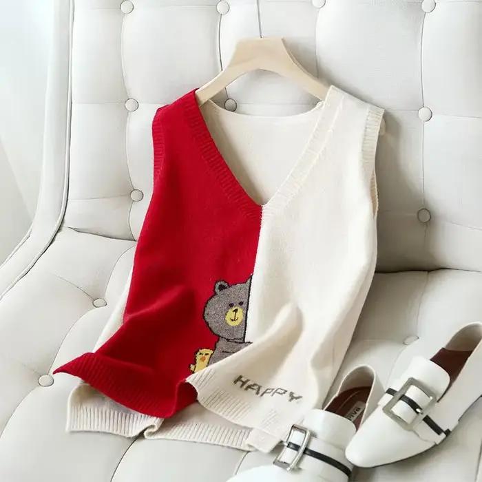 Gilet en tricot RankSweet kawaii à col en V pour femmes, vintage Y2K, coupes amples, sans manches, pour occasions spéciales