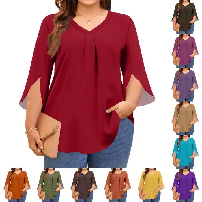 Grande taille hauts pour femmes col en v manches 3/4 couleur unie petit haut élégant pétale