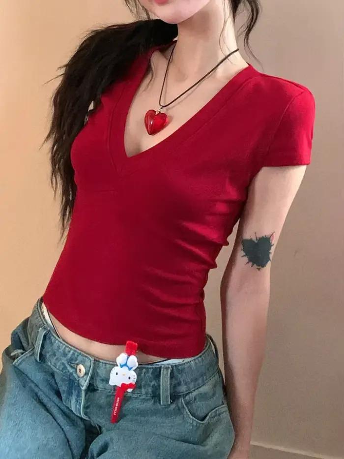 Col en v à manches courtes hauts décontracté femmes t-shirts noir été maigre Sexy solide basique haut court mode Streetwear