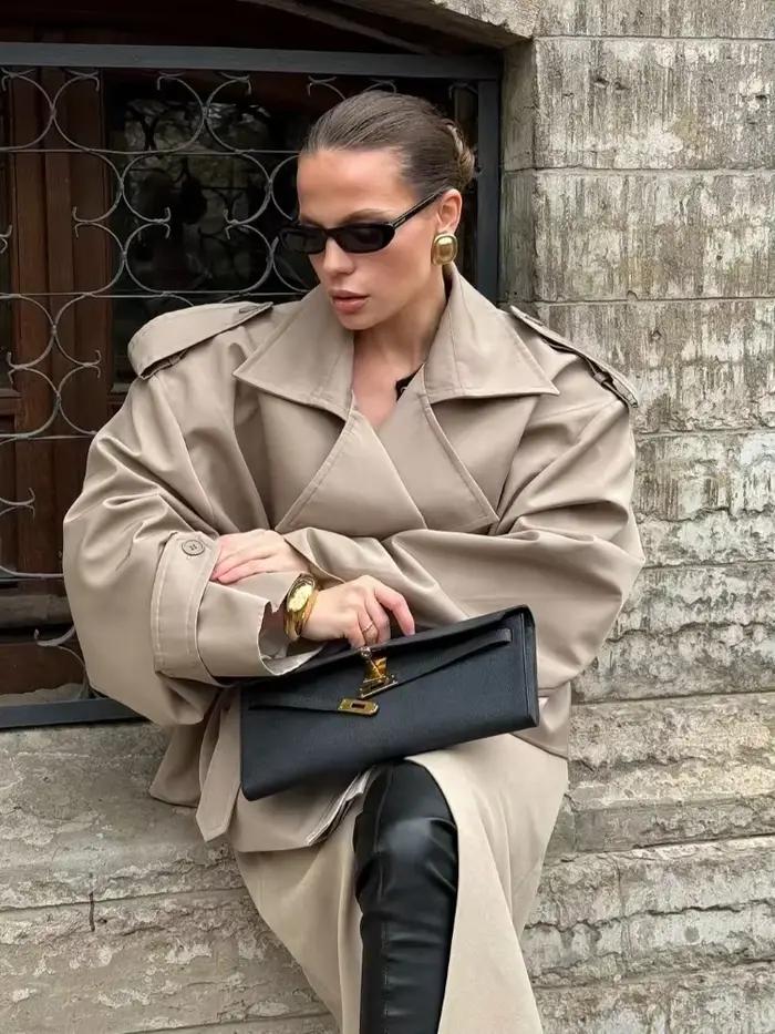 Dame couleur unie à lacets veste élégant Chic à manches longues revers bouton manteau ample automne Style de rue