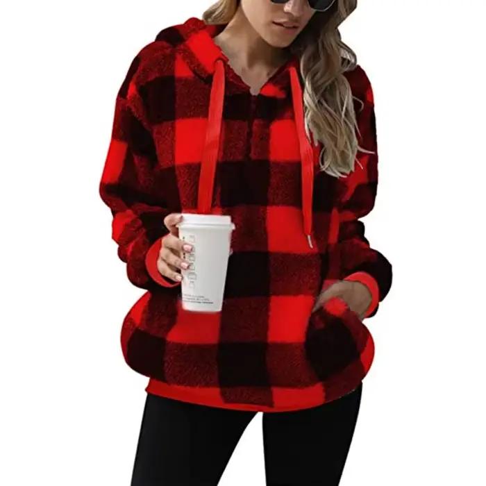Sweatshirt à carreaux pour femmes style rétro, décontracté, coupe ample, doublure en coton, polyester léger, automne-hiver, pour bureau et occasions spéciales