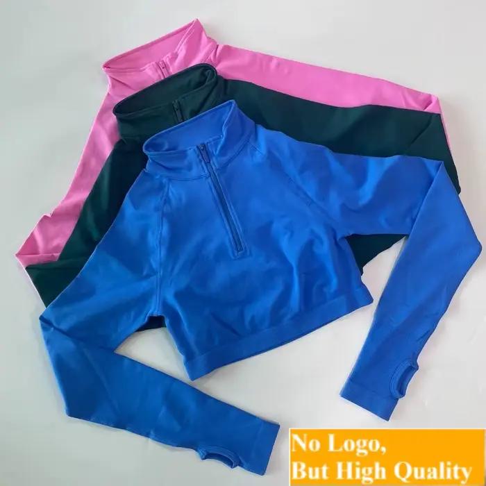 Haut court de sport pour femme, demi-zip, manches Roland, trou pour le pouce, bas côtelé très élastique, pour fitness, yoga et course à pied, argent, blanc, bleu ciel, bleu, bleu marine, bourgogne, brun, champagne, clair, couleur mixte, fuchsia, gris, gris foncé, ivoire, jaune