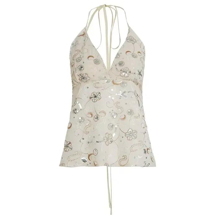 FDEY Paillettes pure coupe ajustée mode haut à licou Sexy Hottie pansement dos nu Chic Y2k Design chemisiers à col en v