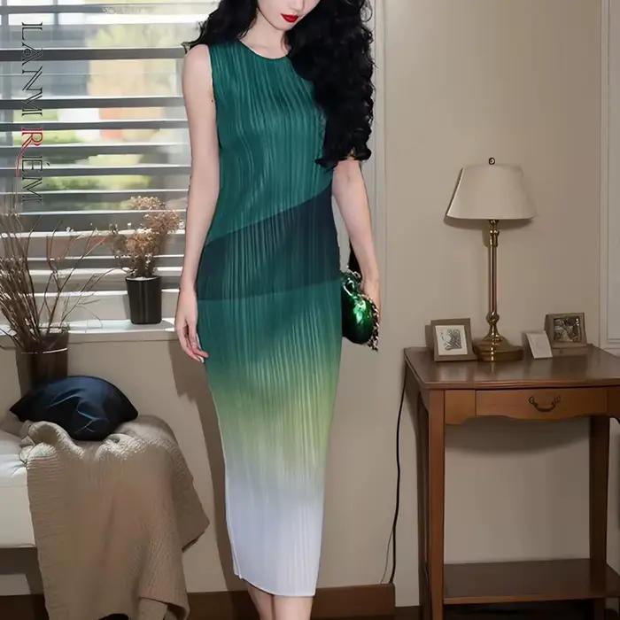 LANMREM vert dégradé plissé robe d'été pour les femmes de haute qualité français Chic sans manches mi-longue robes droites 2DB3847