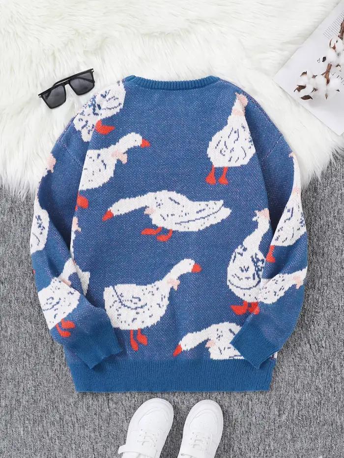 Pull en polyester avec motifs canards Jacquard pour hommes, style décontracté, col rond, quatre saisons, shopping