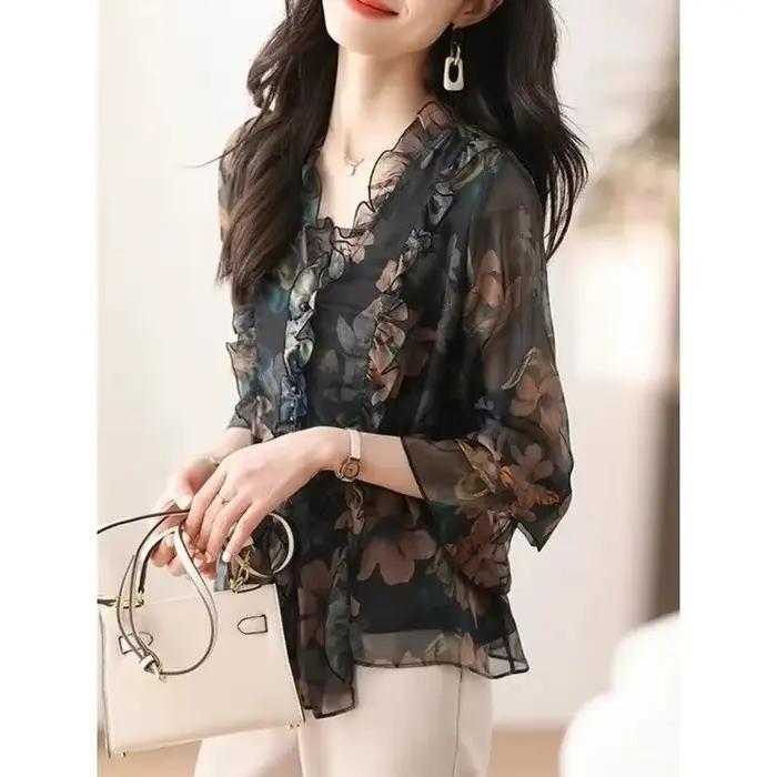 Chemise en mousseline de soie florale pour femmes