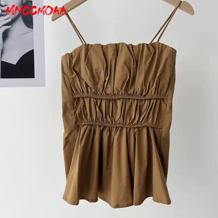 Haut de pyjama marron froncé pour femme – Blouse décontractée sans manches en coton pour l'été