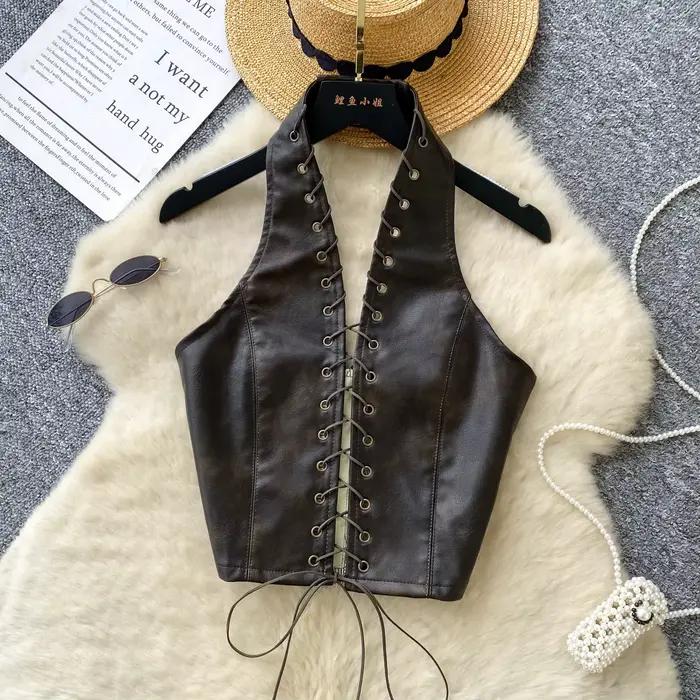Femmes Chic vintage évider licou Camis mince Sexy mode été hauts