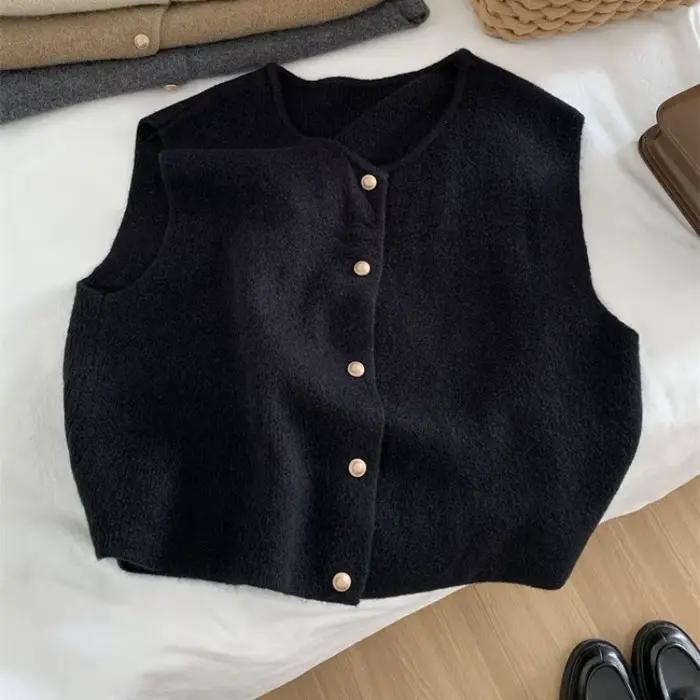 Gilet en tricot femme tricoter polyester boutons dorés beige gris kaki noir élégant printemps automne
