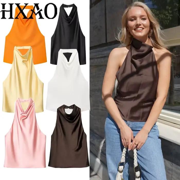 HXAO marron haut à licou femmes été culture hauts pour femme sans manches Satin noir