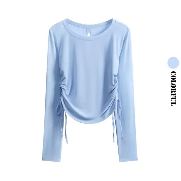 DRUR élégant mince dessus de Yoga pour les femmes avec dos ouvert froncé côté danse Ballet chemise décontracté à manches longues haut pour les voyages de rue