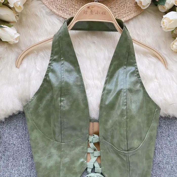 Haut en Cuir PU Épaules Dénudées à Lacets pour Femme