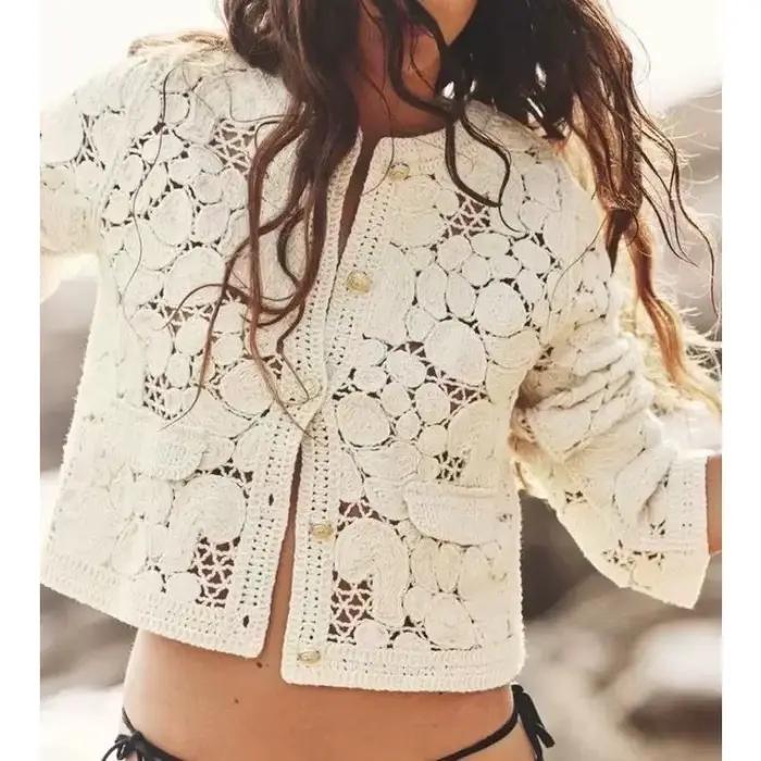 Blouse-veste tricot ajouré en polyester pour femme, col en V, minimaliste, élégante, vestes printemps automne, mode, cadeau special