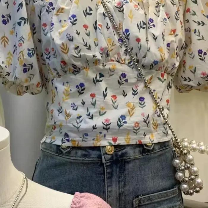 Chemisier floral court à manches bouffantes pour femmes junior, style français élégant, romantique et doux pour occasions spéciales et tenues quotidiennes