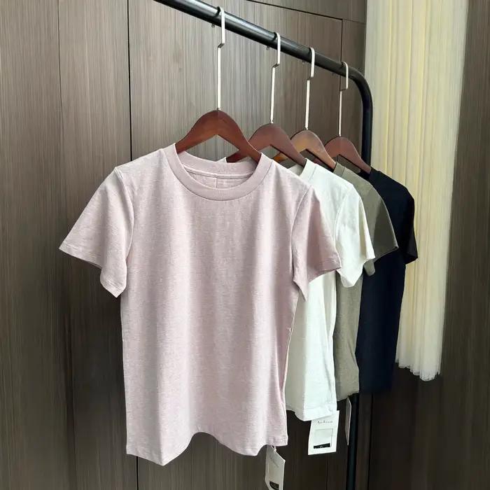 Haut décontracté à manches courtes et col rond pour femme en tissu pur coton biologique tissé uni