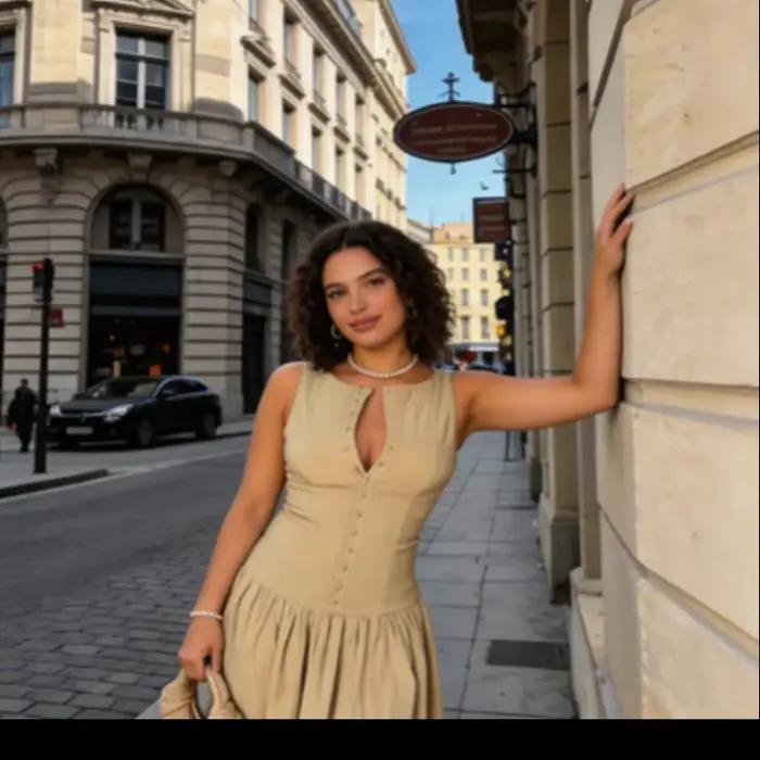 Nouvelle Robe Midi Chic Kaki Sans Manches Boutonnée Devant pour Femme