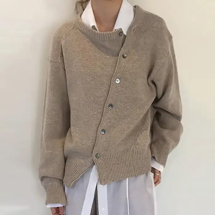 Chandail imprimé de musique ample, col rond, manches irrégulières pour femmes, automne hiver, décontracté, tricoté, boutonné