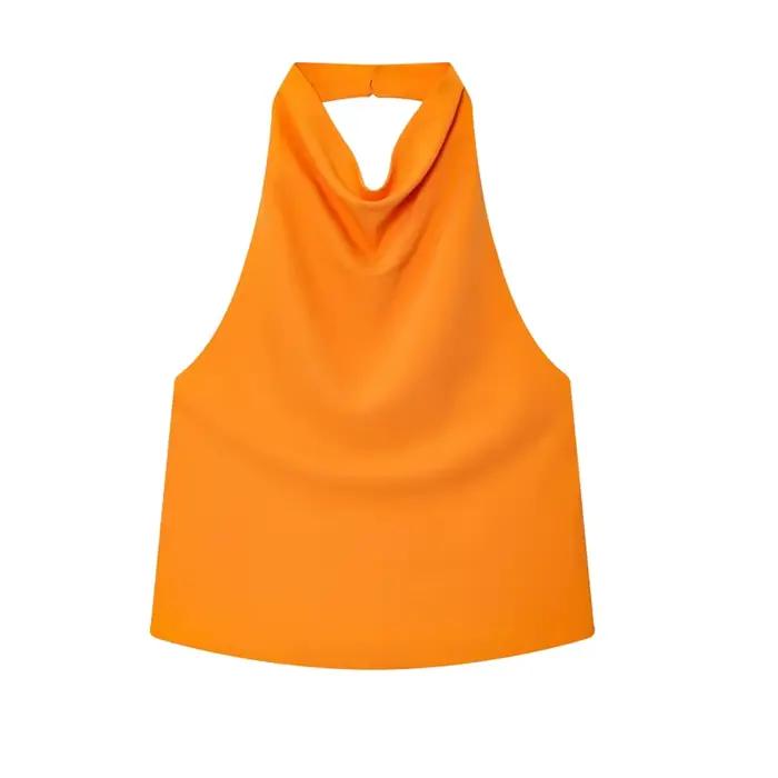 HXAO marron haut à licou femmes été culture hauts pour femme sans manches Satin noir