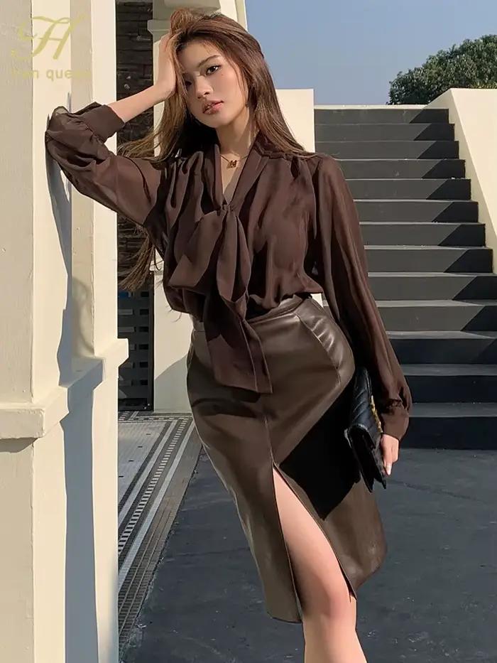 H Han Queen travail décontracté hauts chemisier en mousseline de soie nouveauté chemise femmes Blouse Vintage nœud