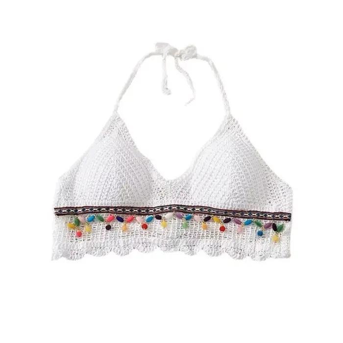 Été sans manches femme Crochet Camisole col en V court Style bohème gilet gland hauts chauds tricot culture