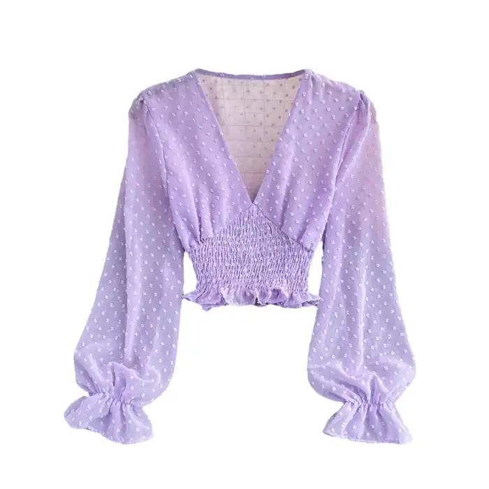 Blusas femme à manches longues haut court Blouses femmes Blusa Feminina à pois col en V Blouse