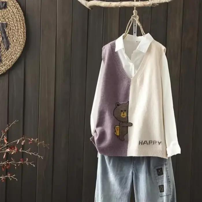 Gilet en tricot RankSweet kawaii à col en V pour femmes, vintage Y2K, coupes amples, sans manches, pour occasions spéciales