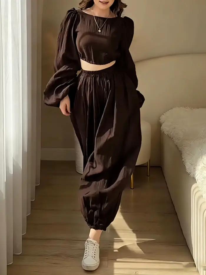 Ensemble deux pièces marron haut court et pantalon lantern décontracté pour femme printemps été occasions spéciales