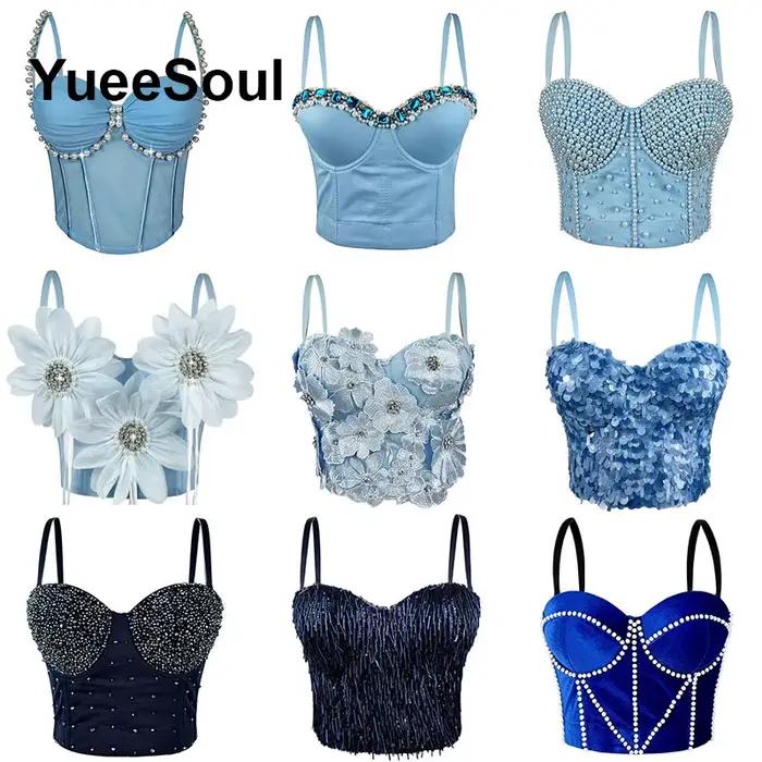 Haut court bleu de luxe pour femmes