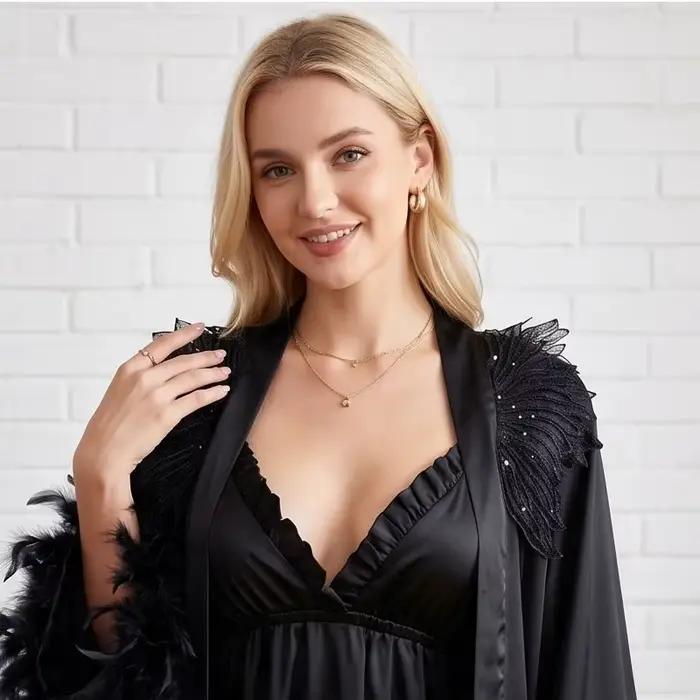 Robe Noire Luxe Avec Col Ailes D'Ange Et Plumes Détachables Pour Femmes Occasions Spéciales Soirées Gala Mariages