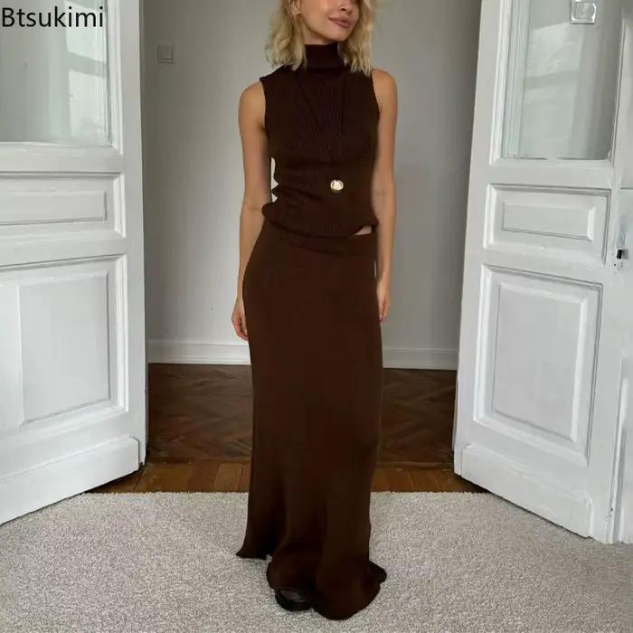 Ensembles hauts tricotés sans manches à col montant et jupes longues pour femmes