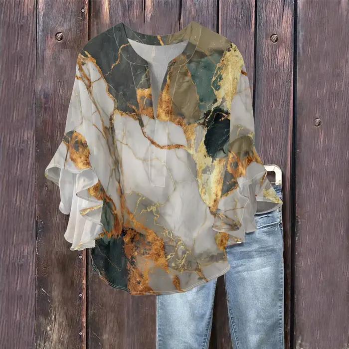 Haut à col en v imprimé artistique fluide avec manches cloche à volants