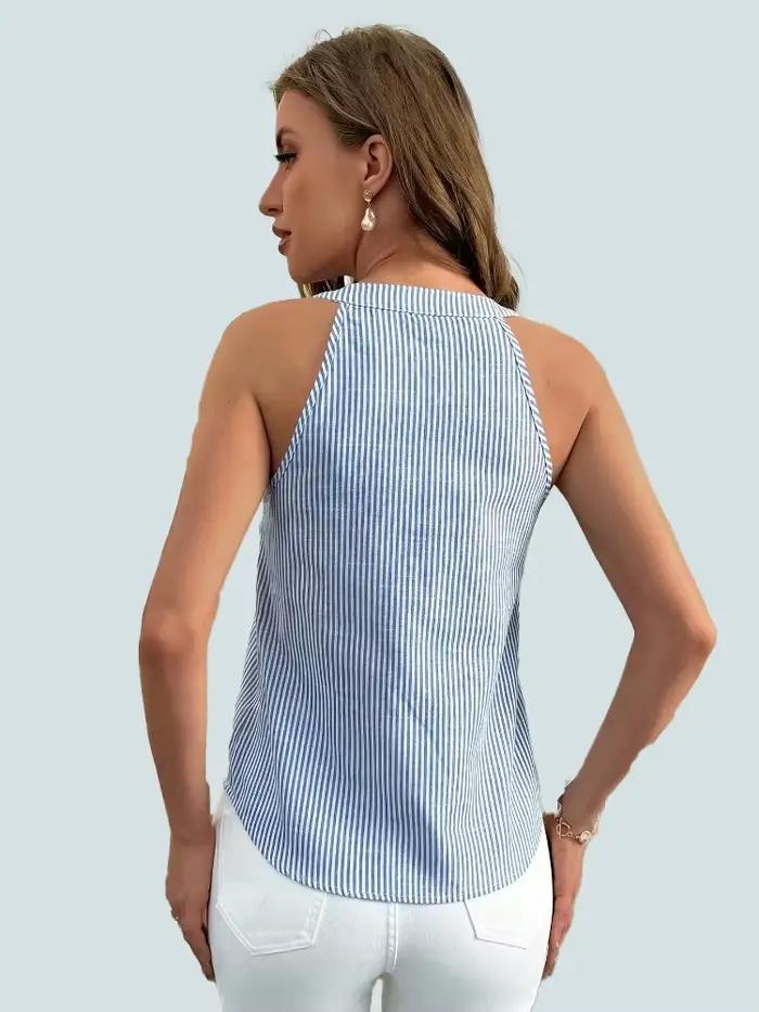 Nouvelle Blouse Sans Manches Col V Rayée Bleue et Blanche 2026 pour Femme – Décontractée