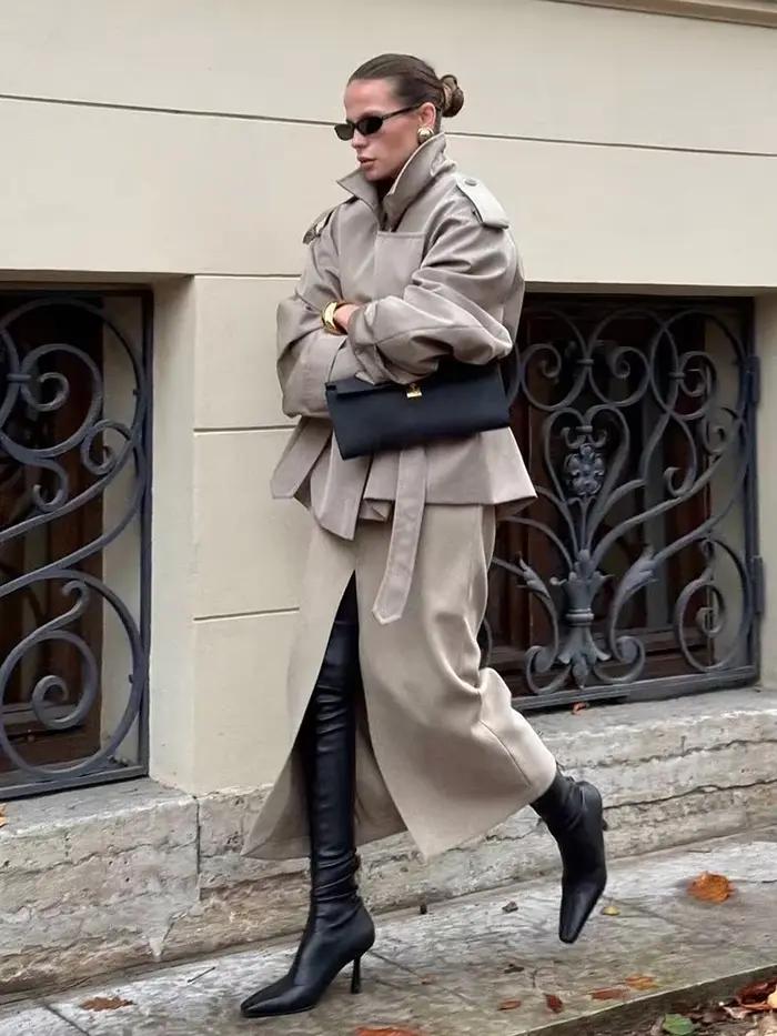 Dame couleur unie à lacets veste élégant Chic à manches longues revers bouton manteau ample automne Style de rue