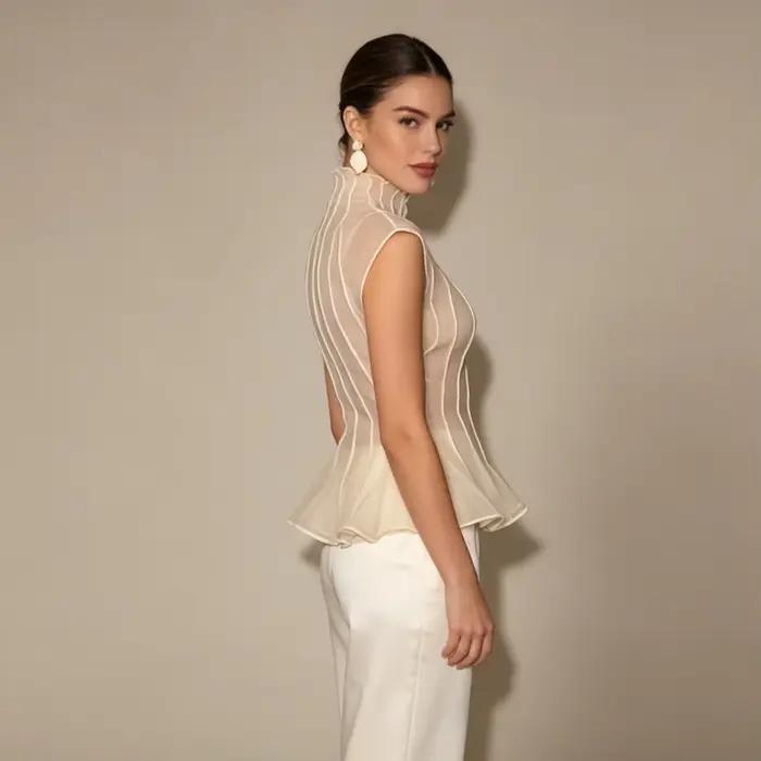LIMO 2026 Nouvelle Blouse Femme en Organza Transparent Sans Manches Col Montant Volants Peplum Haut Élégant pour Soirée