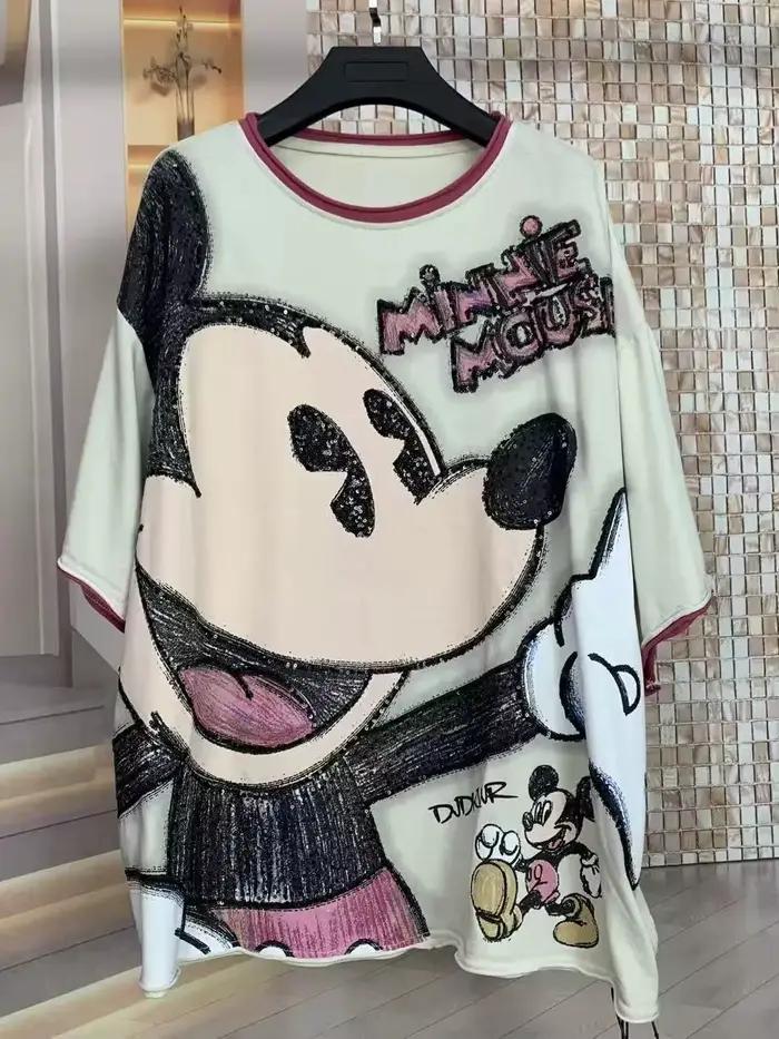 T-shirt ample à col rond imprimé de lettres et dessins animés à paillettes style industriel européen et américain pour femmes occassions spéciales